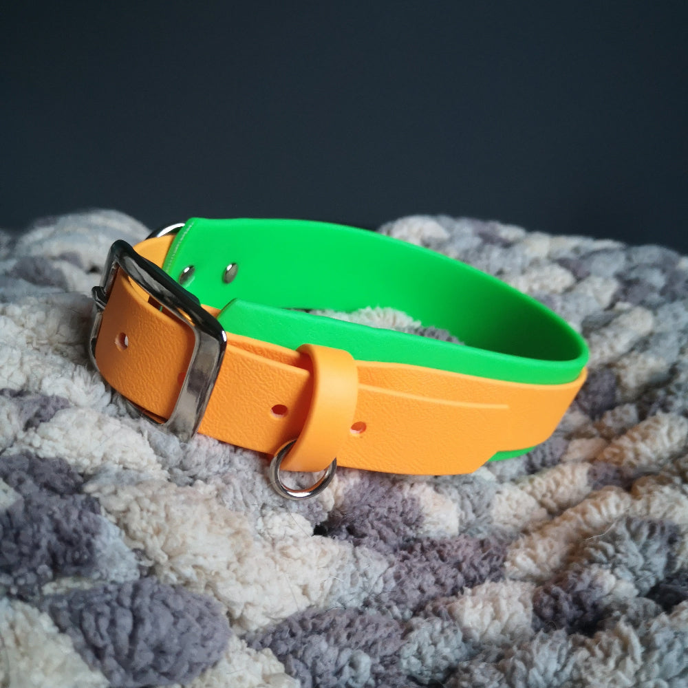 Special order color. Neon green under mandarin orange