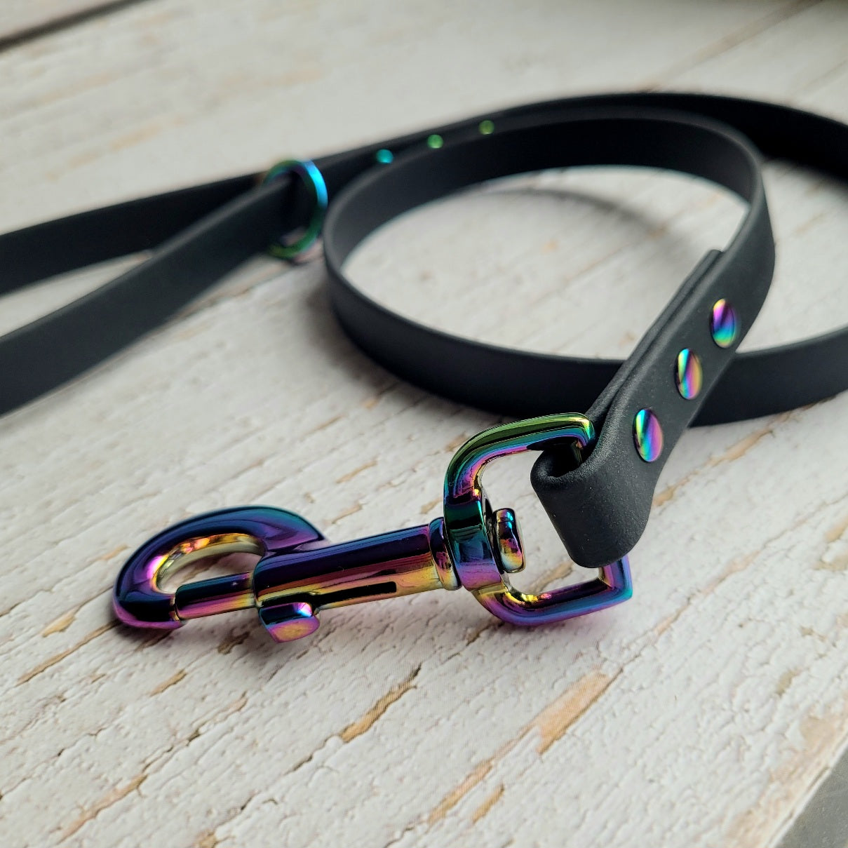 Black with rainbow 3" long clasp. 3ft long