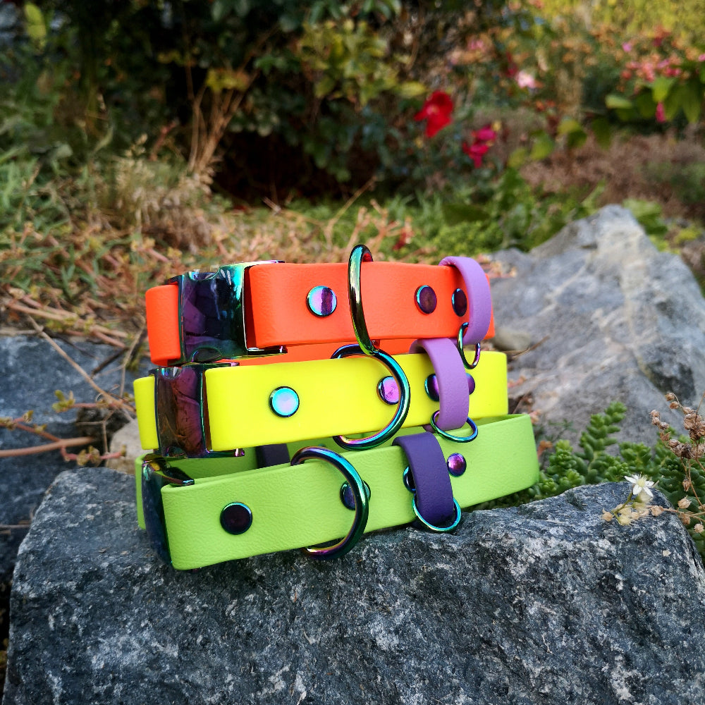 Top to bottom: Neon orange & amethyst strap. Neon yellow & amethyst strap. Lime green & purple strap