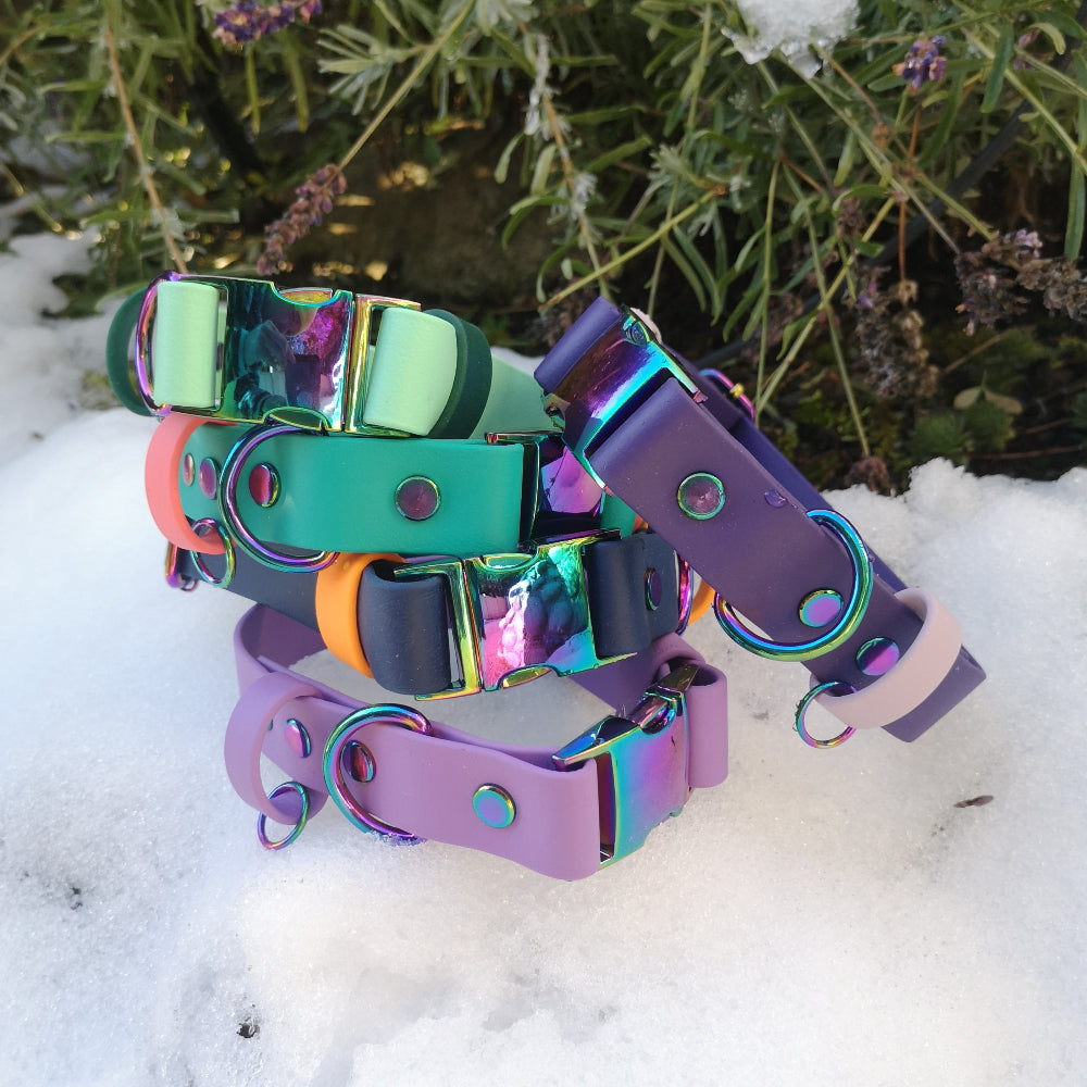 Top to bottom to right: Sea foam & hunter green strap. Teal & coral pink strap. Navy blue & Mandarin orange strap. Amethyst & amethyst strap. Purple & lavender strap