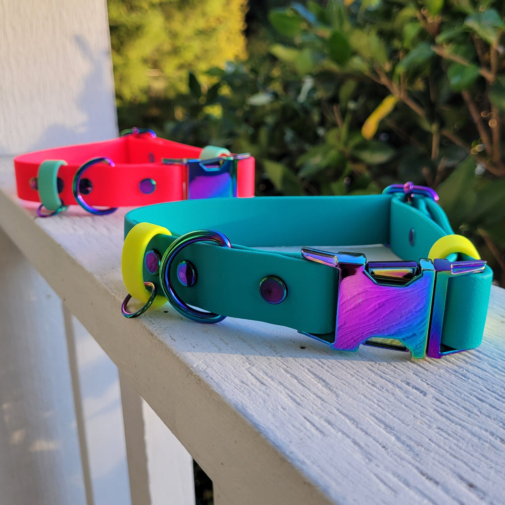 Hot pink and sea foam. Teal and neon yellow from left to right