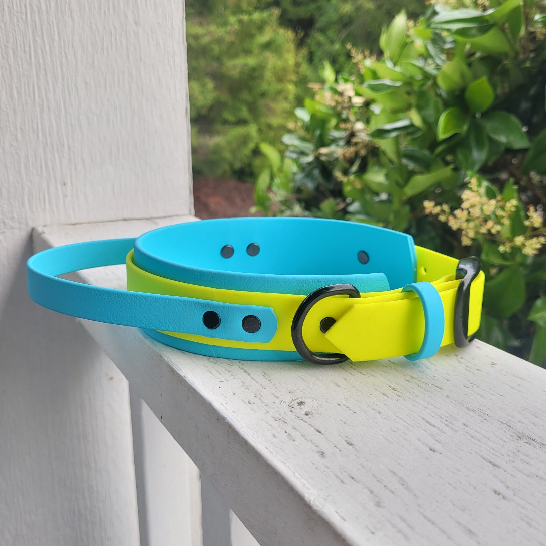 Sky blue (Wide colour) & neon yellow (front colour) in size medium.