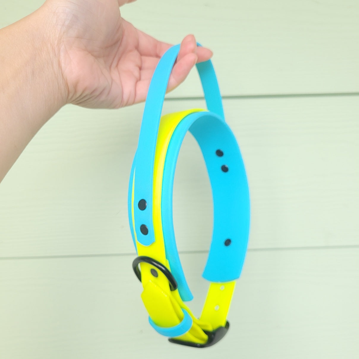 Sky blue (Wide colour) & neon yellow (front colour) in size medium.
