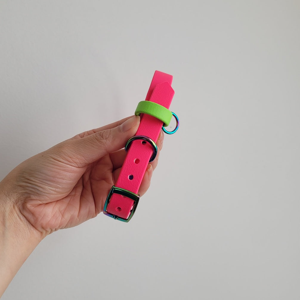 Magenta pink and lime green with rainbow hardware