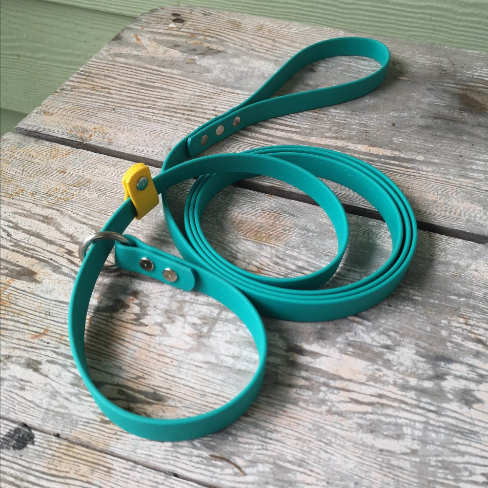 Teal slip leash with yellow tab in 5/8" wide