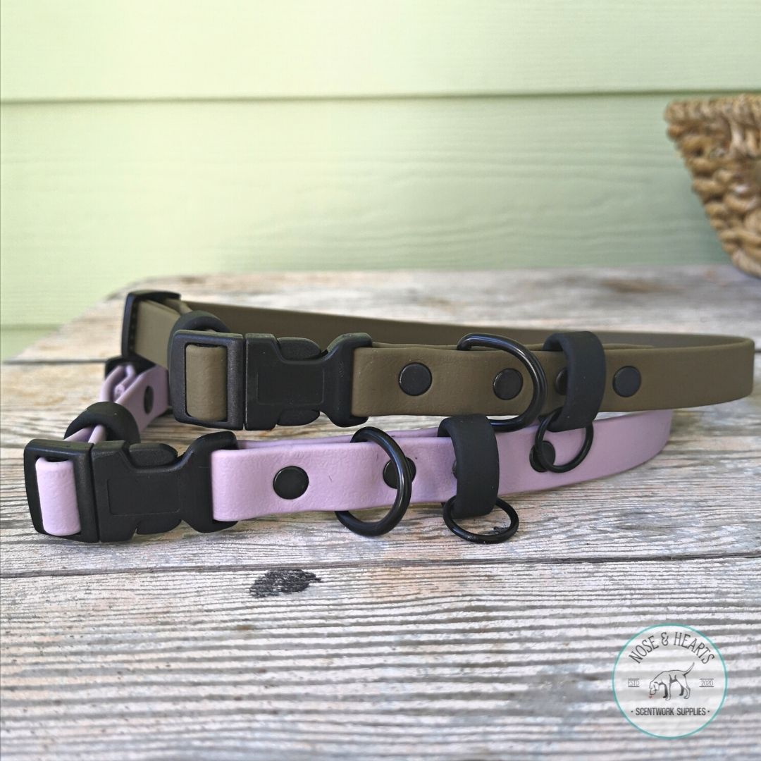 Top collar:  Main colour olive with accent colour (straps) black and bottom collar: Main colour lavender with accent colour (straps) black