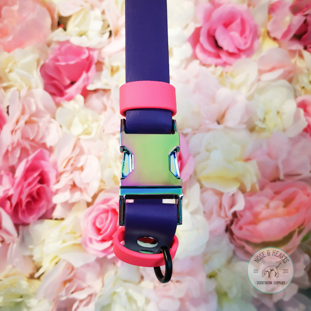 Main colour purple with accent colour (straps) magenta pink