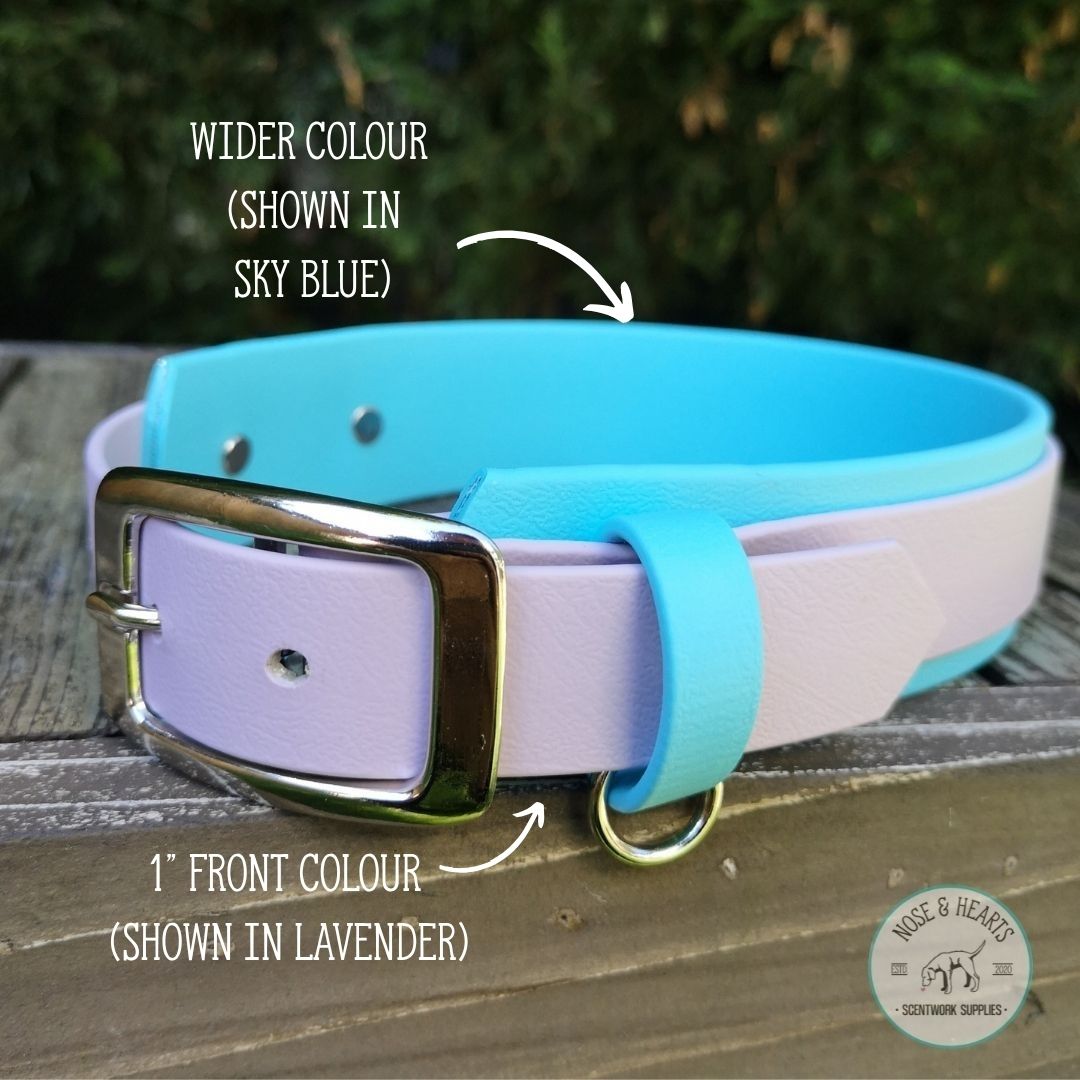  Waterproof 1.5" Layered Two-Tone BioThane® Collar with wider sky blue back colour and lavender front layer.