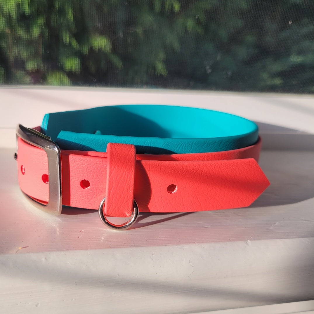 Coral pink and teal biothane collar in 1.5 inch wide.  waterproof and durable. 