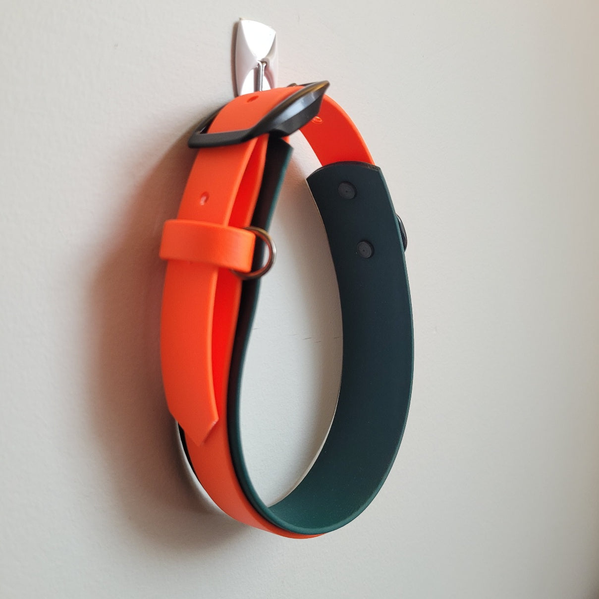 Neon orange and hunter green biothane collar in 1.5 inch wide.  waterproof and durable. 