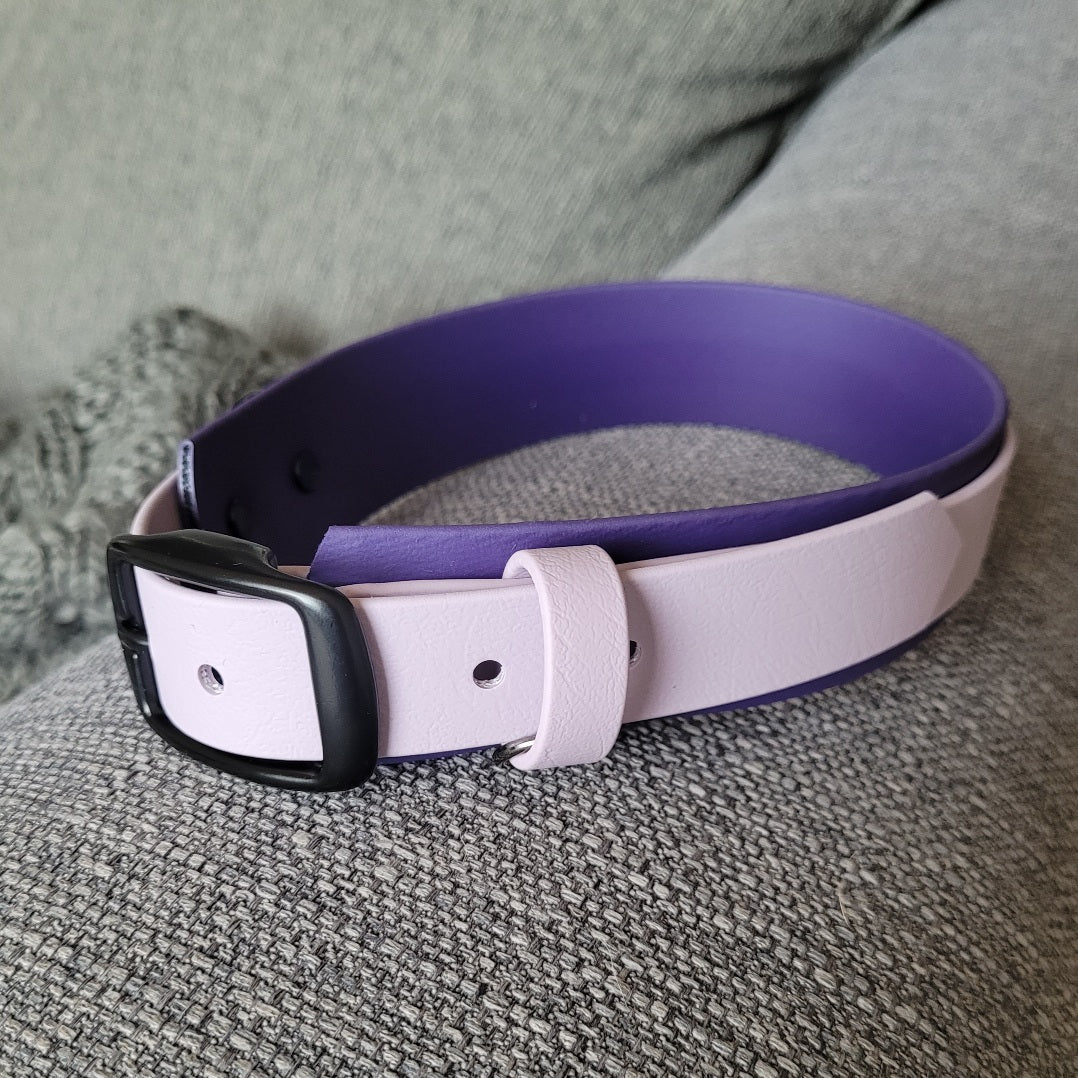 Purple and lavender biothane collar in 1.5 inch wide.  waterproof and durable. 