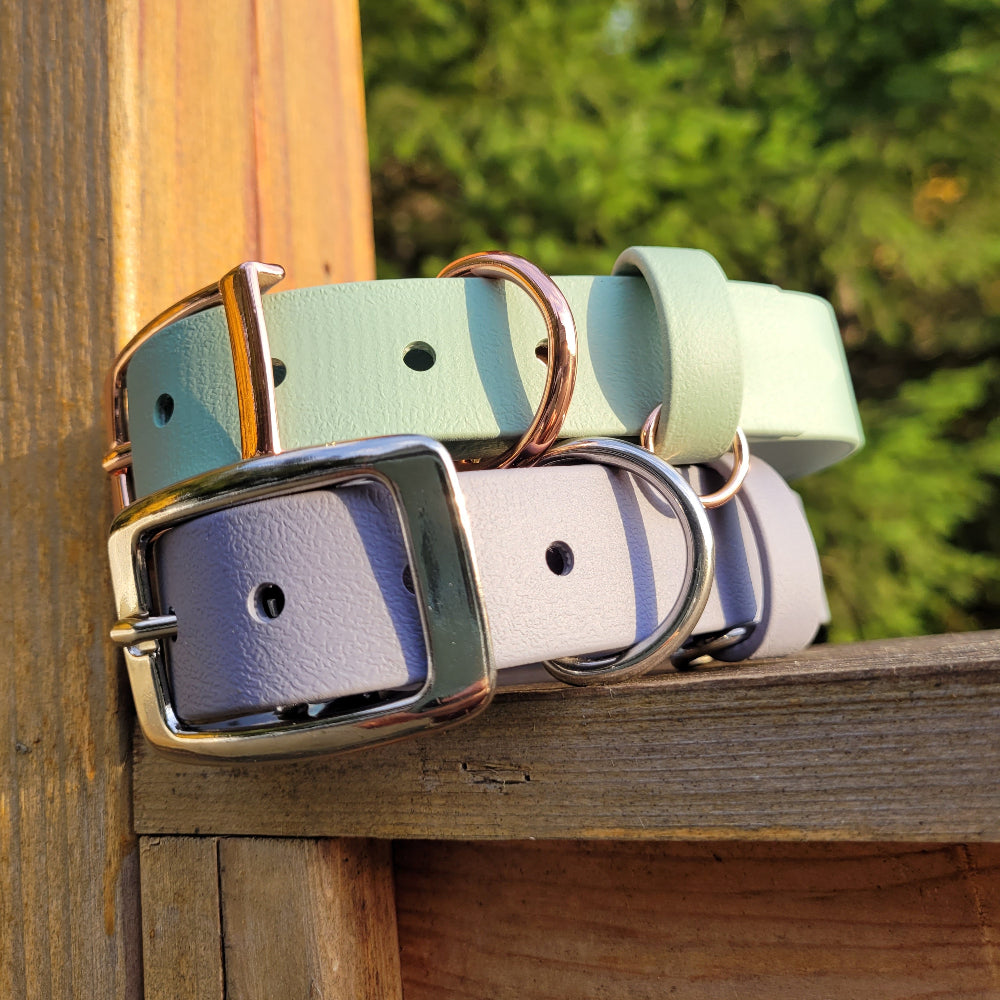Sage green x rose gold hardware on top of a light grey collar 1" Metal Pin Biothane Collar