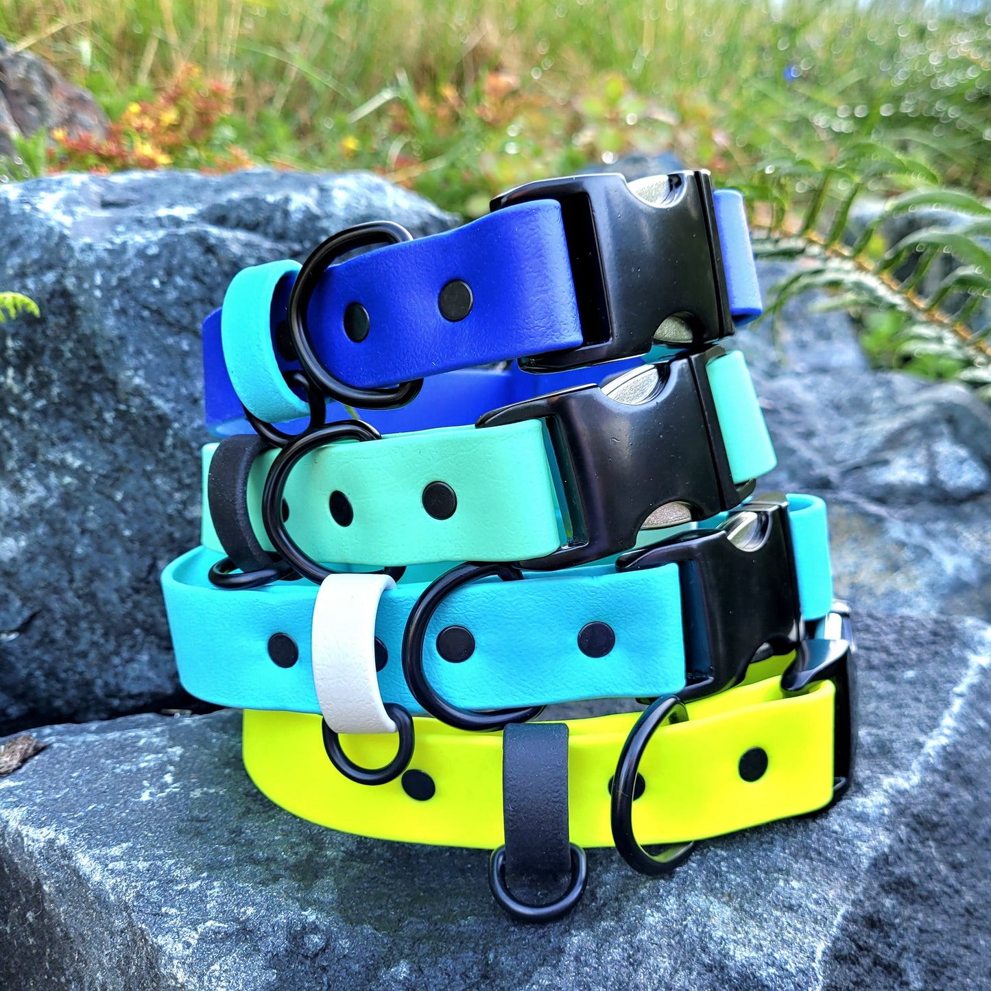 From top to bottom: Royal blue and sky blue, sea foam and black, sky blue and white, neon yellow and black