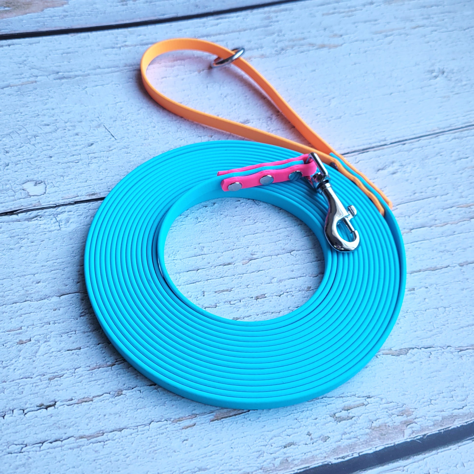 Mandarin orange handle with sky blue leash, Magenta pink end