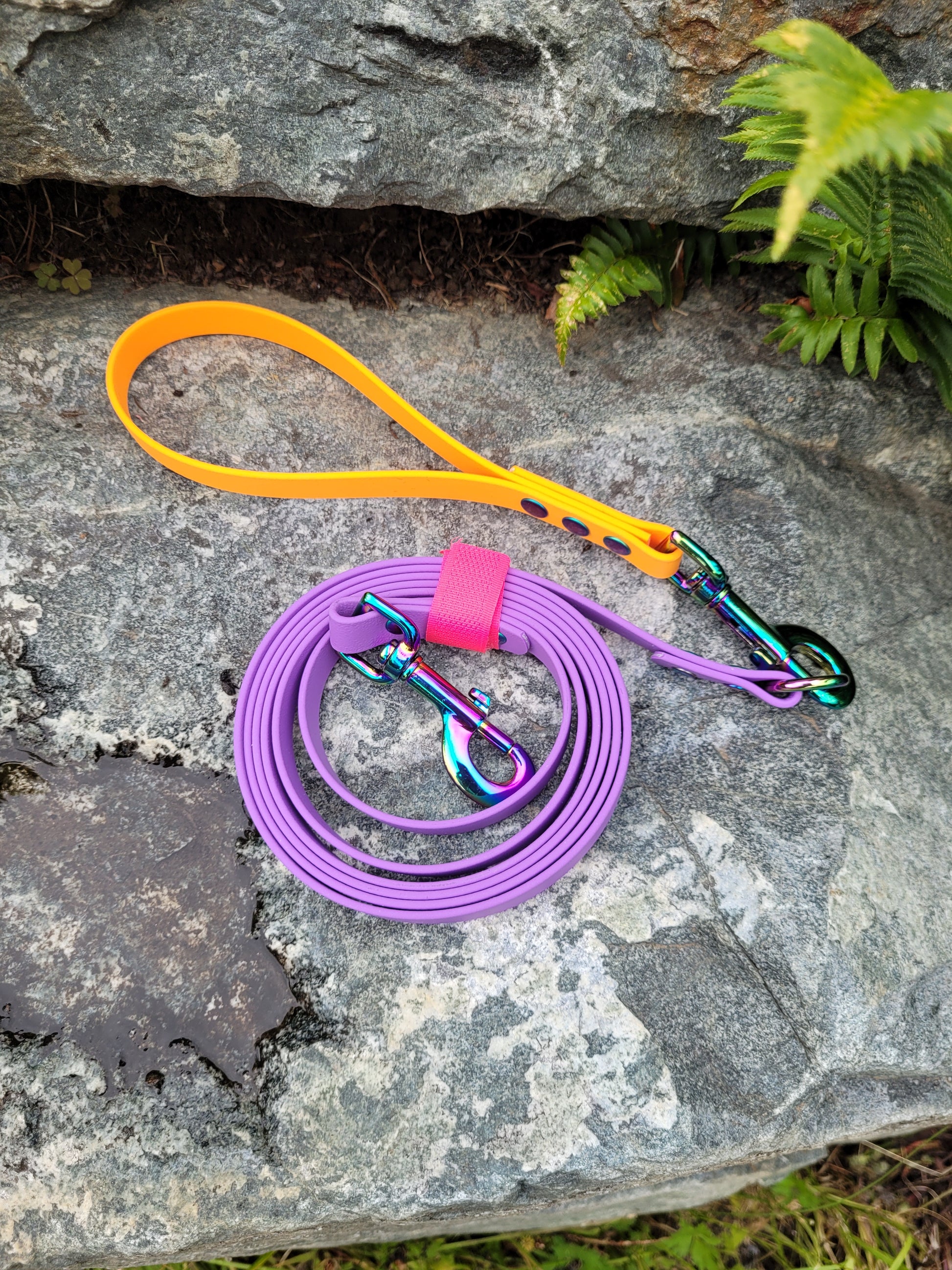 Get the leash with a handle that is a straight end with  a ring then in a separate listing add a traffic leash to hahe a detachable handle for the ultimate flexibility in how you use your leash. Shown here is an amethyst leash with a Mandarin orange traffic leash