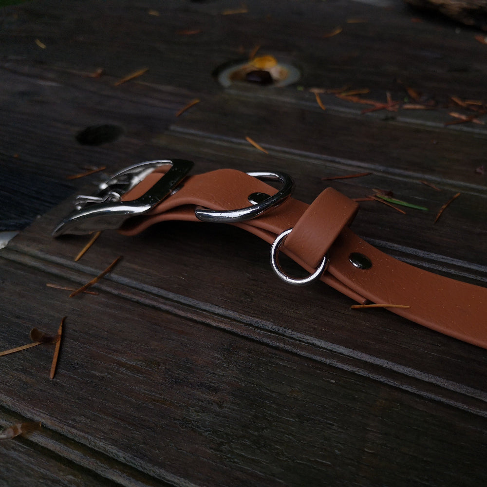 Brown light tan with silver hardware biothane collar 1" metal pin