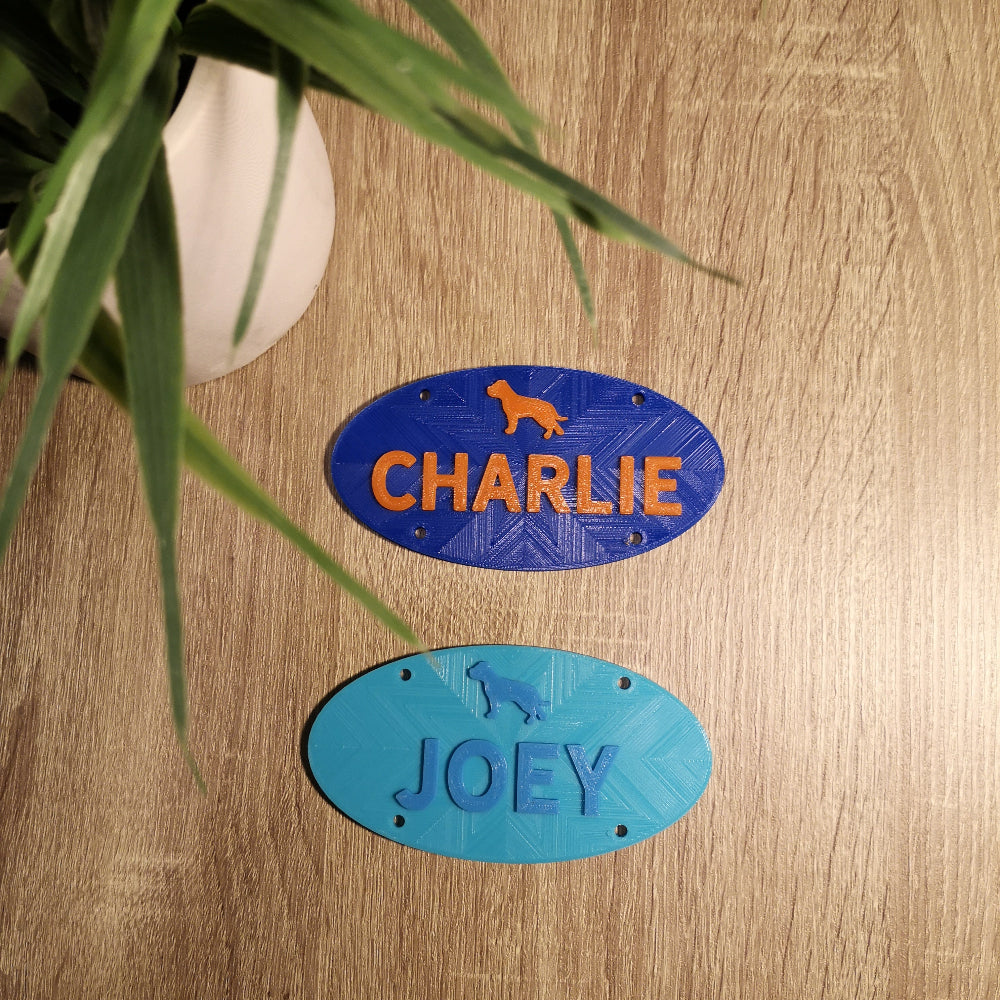 Joey is turquoise plate with light blue font. Charlie is royal blue plate with orange font.
