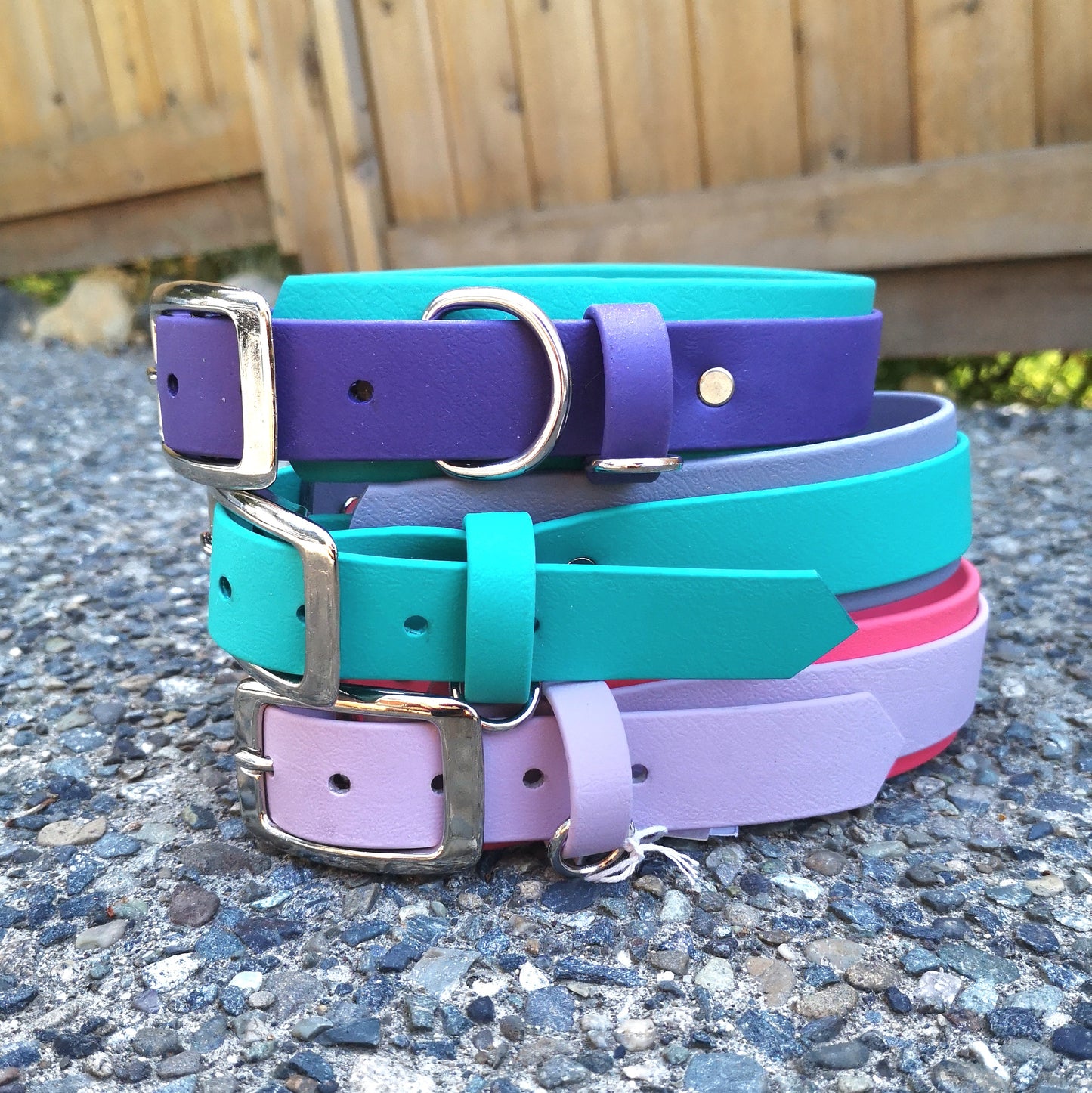 Purple on teal, teal on grey, lavender on coral