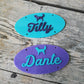 Tilly is turquoise plate with galaxy sparkle purple font and Date is lavender plate with turqoise font.
