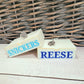 Light blue for Snickers and Royal blue for Reese in font in Simple font in caps