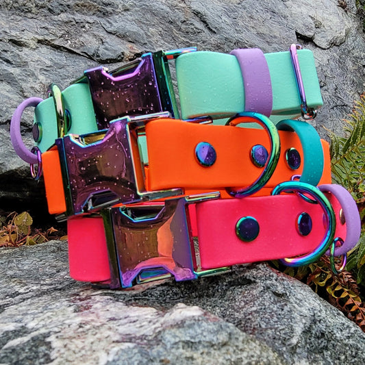 Sea foam and amethyst, neon orange and teal, magenta pink and amethyst from top to bottom 