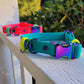 Hot pink and sea foam. Teal and neon yellow from left to right