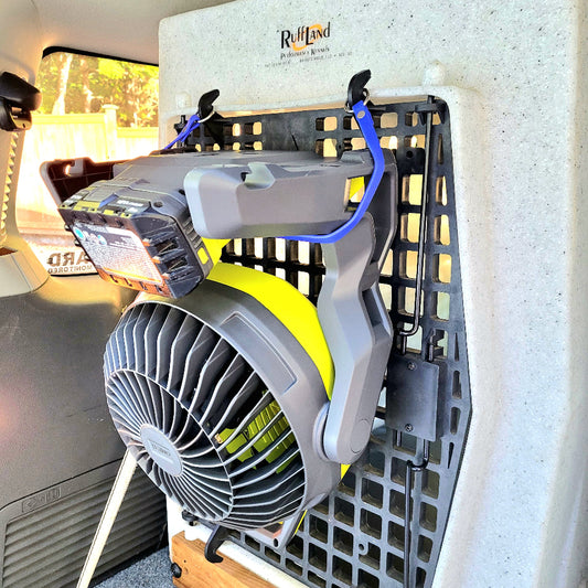 Royal blue strap holding the fan on an XL Ruffland Kennel