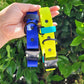 Royal blue x black, neon yellow x teal