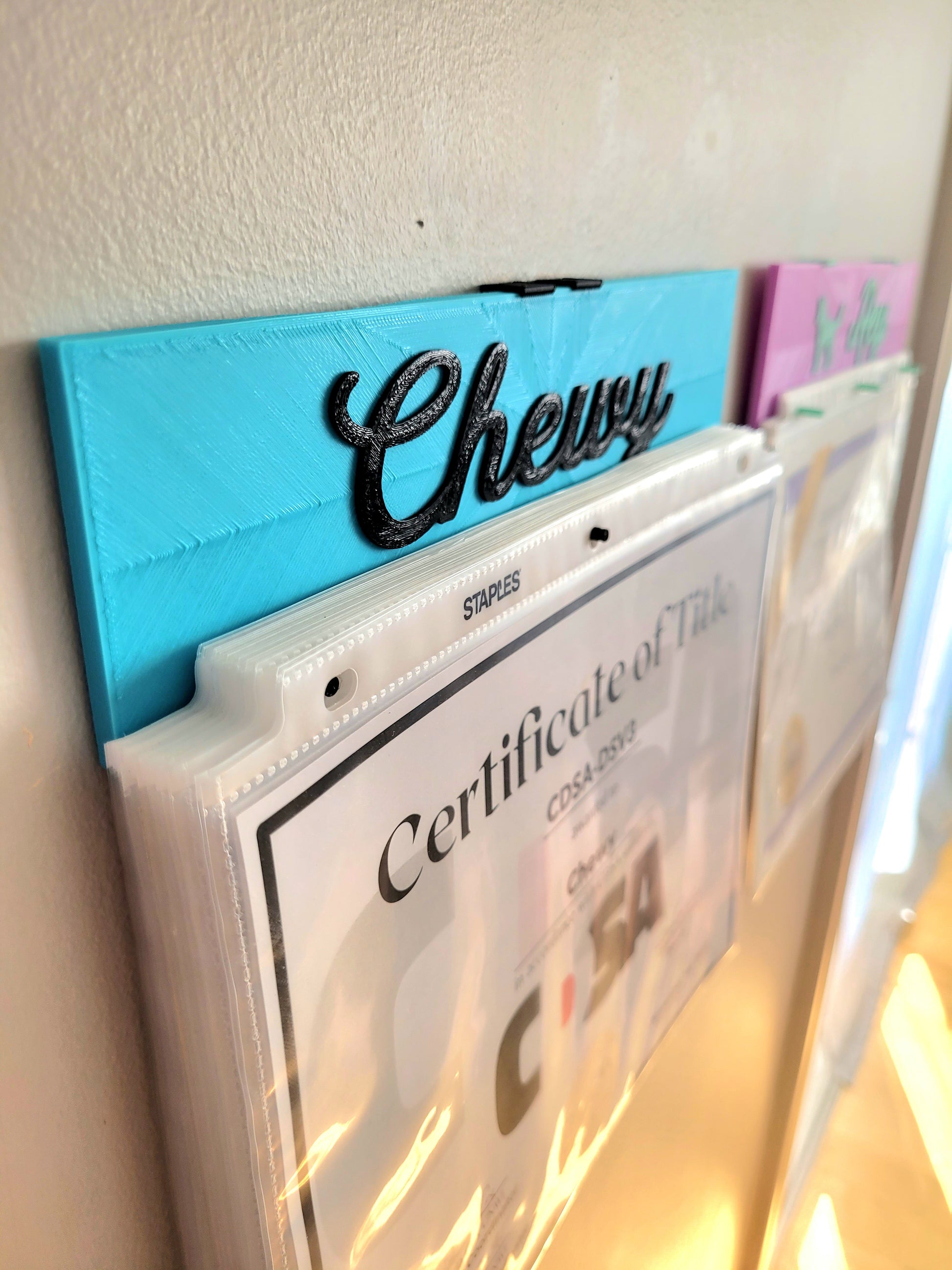 Chewy's is holding just over 30 certificates in a combo of light weight and heavy weight paper, using wall plugs and screws to mount.  If you are using double-sided tape or other odd ways to mount it, the weight it can hold will vary. So as a caution, we say 15 heavyweight papers max or 200 grams.