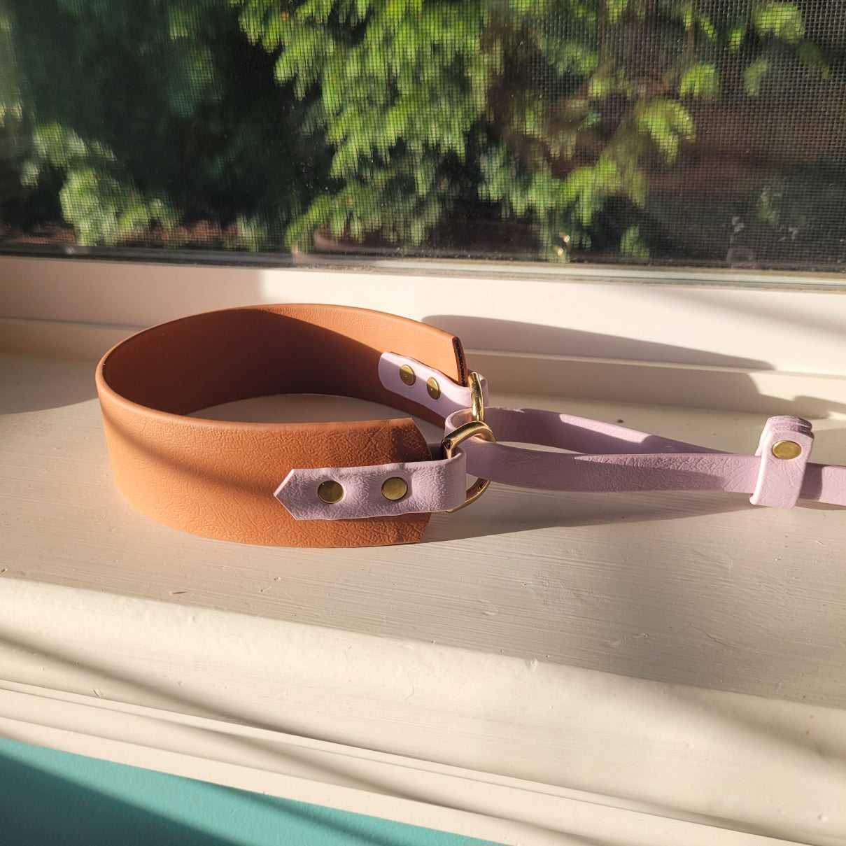 Tan abd lavender biothane French Martingale combo. Great for barn hunt and dog sports