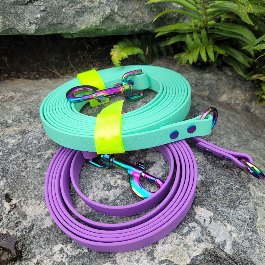 Amethyst and sea foam green leash, straight end with a ring.  