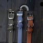 Olive green, light grey, brown light tan from left to right with silver hardware 