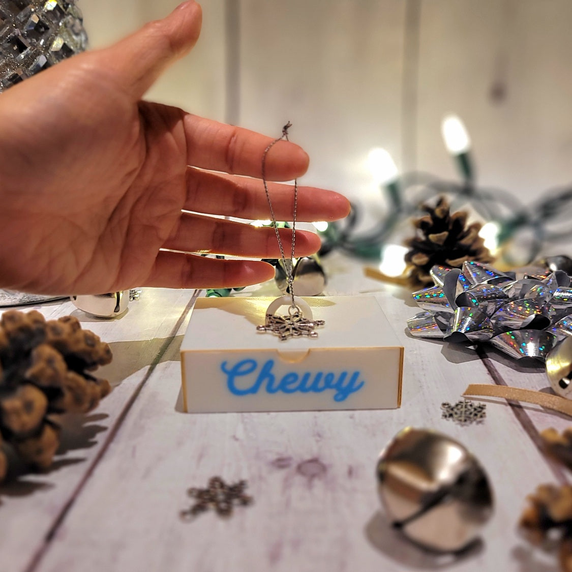 Chewy is shown in light blue with the Hanley script font.  ORT replica keepsake for the holidays
