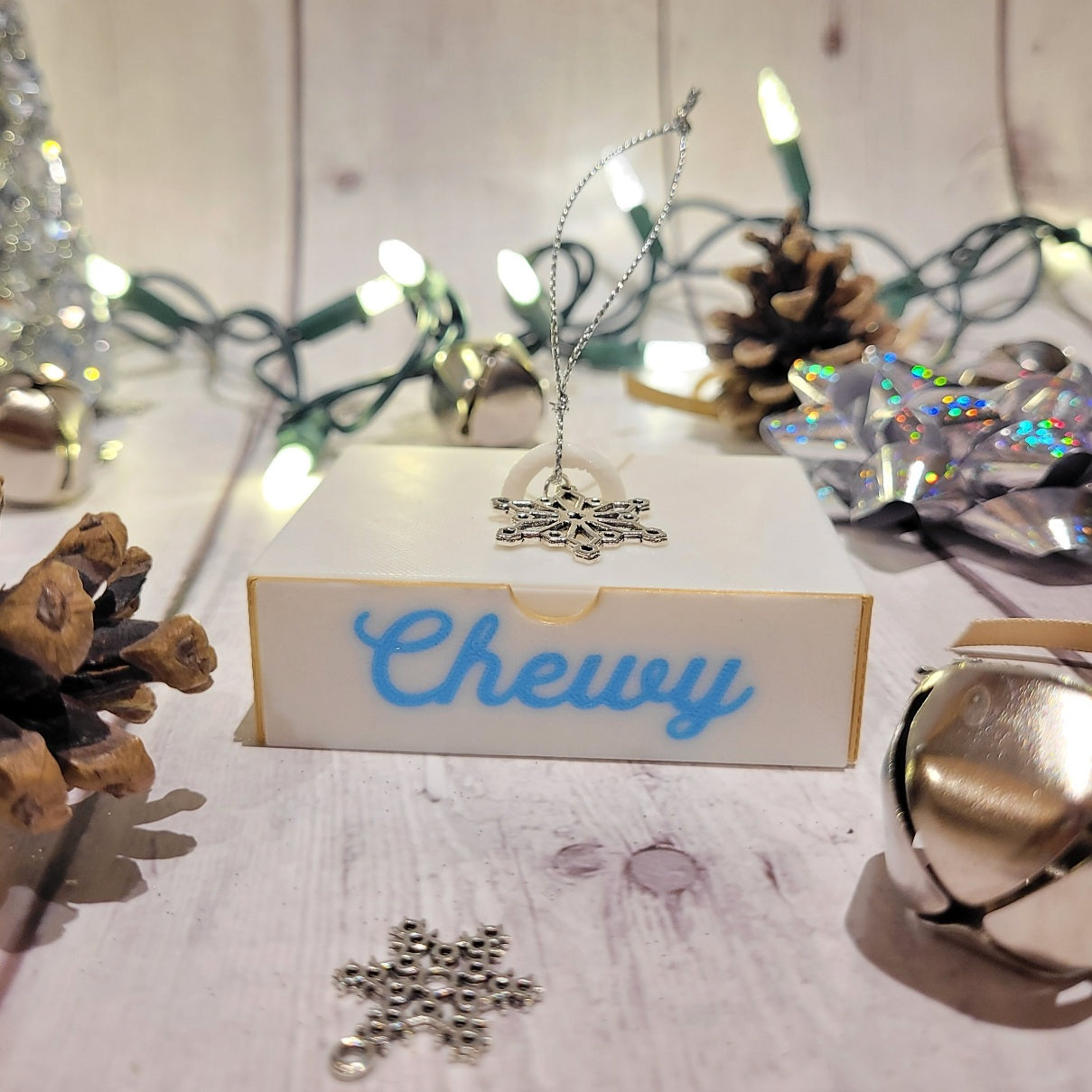 Chewy is shown in light blue with the Hanley script font.  ORT replica keepsake for the holidays