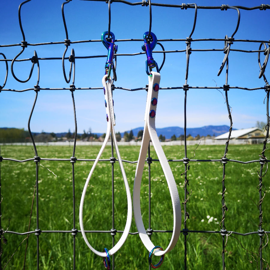 White with rainbow hardware, one foot loop with a ring