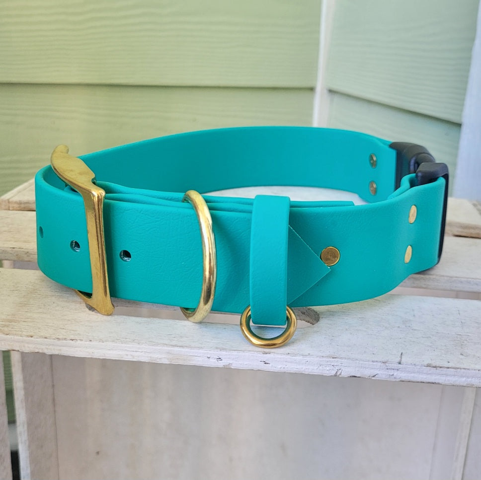 Teal with brass hardware 