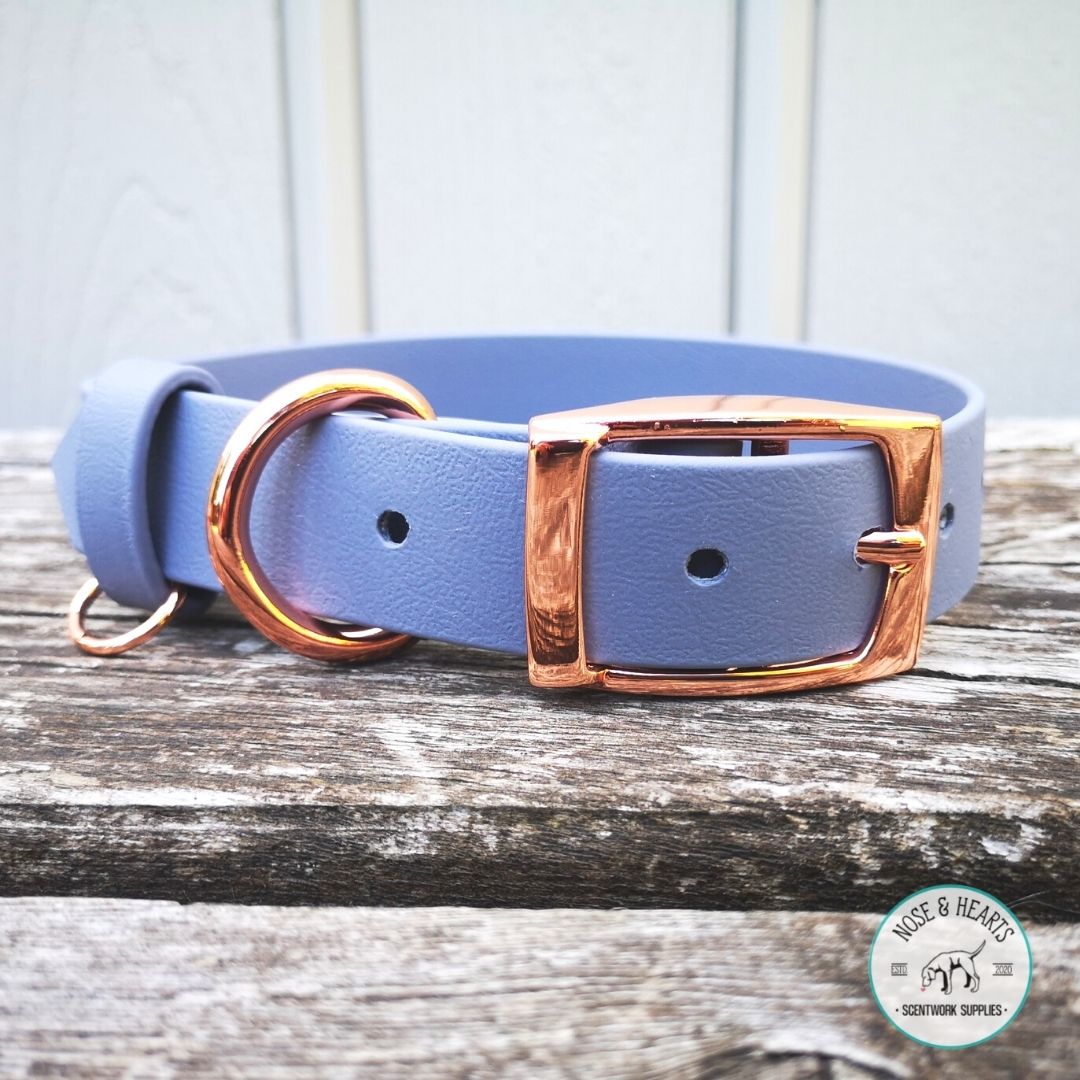 1" Metal Pin Biothane Collar Rose Gold and Light Grey strap