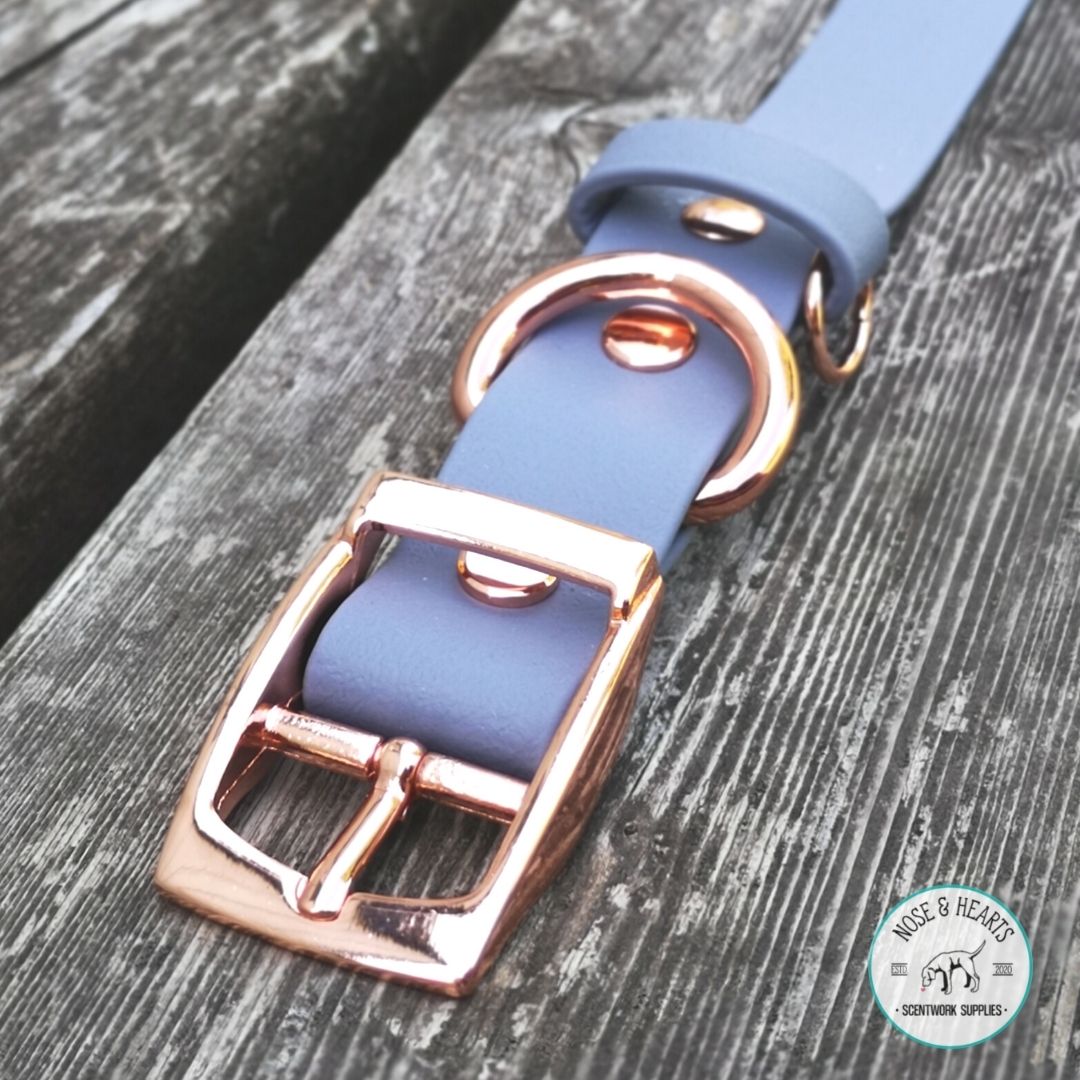 Light Grey strap - 1" Metal Pin Biothane Collar Rose Gold