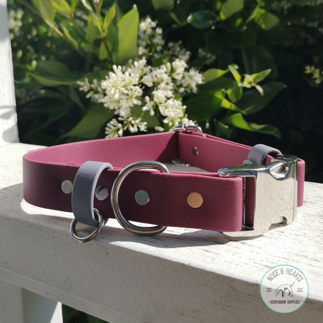 Main colour red wine with accent colour (straps)  light grey