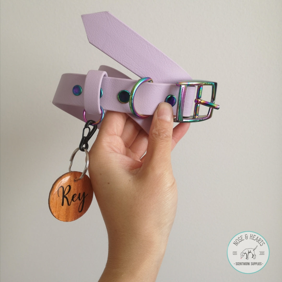 Lavender Biothane collar with with rainbow hardware