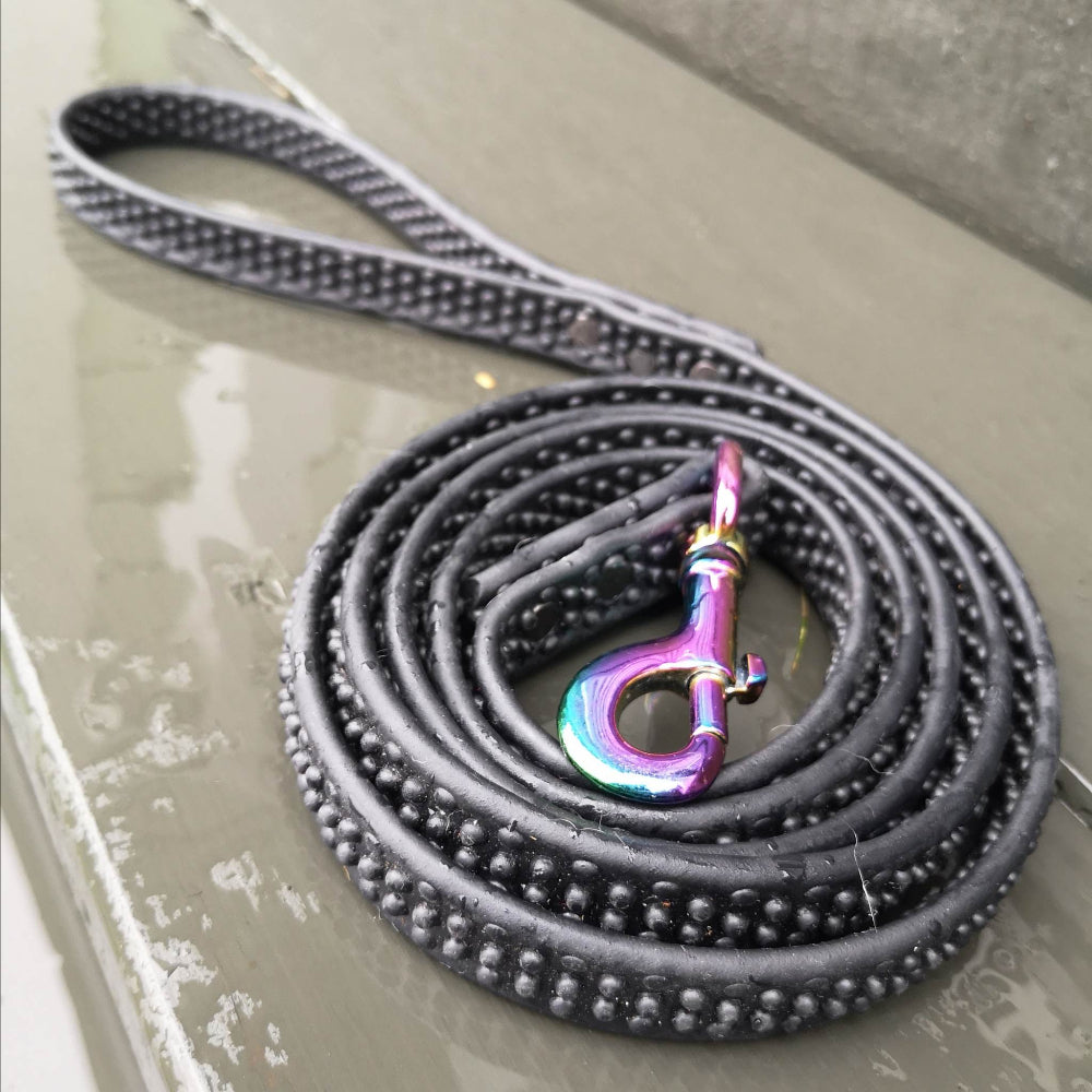 3" rainbow clasp, black leash, 7 ft long