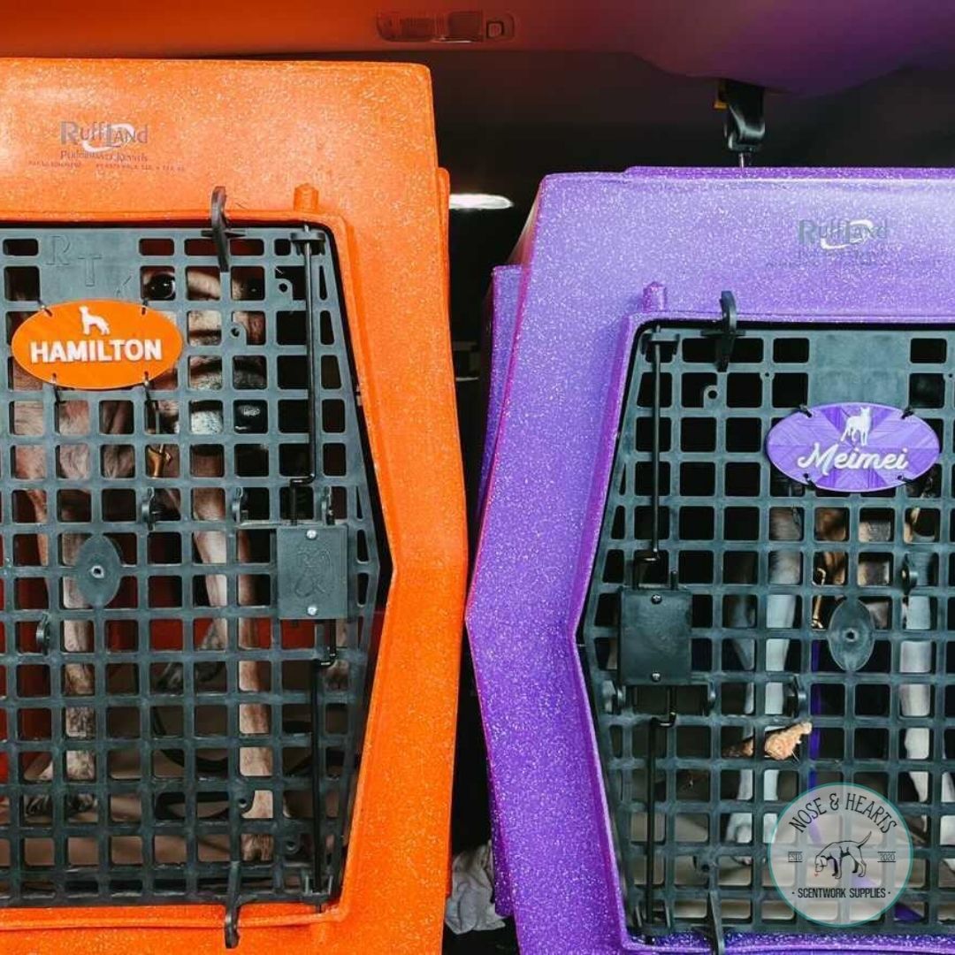 Orange and shiny purple crate tags, white font
